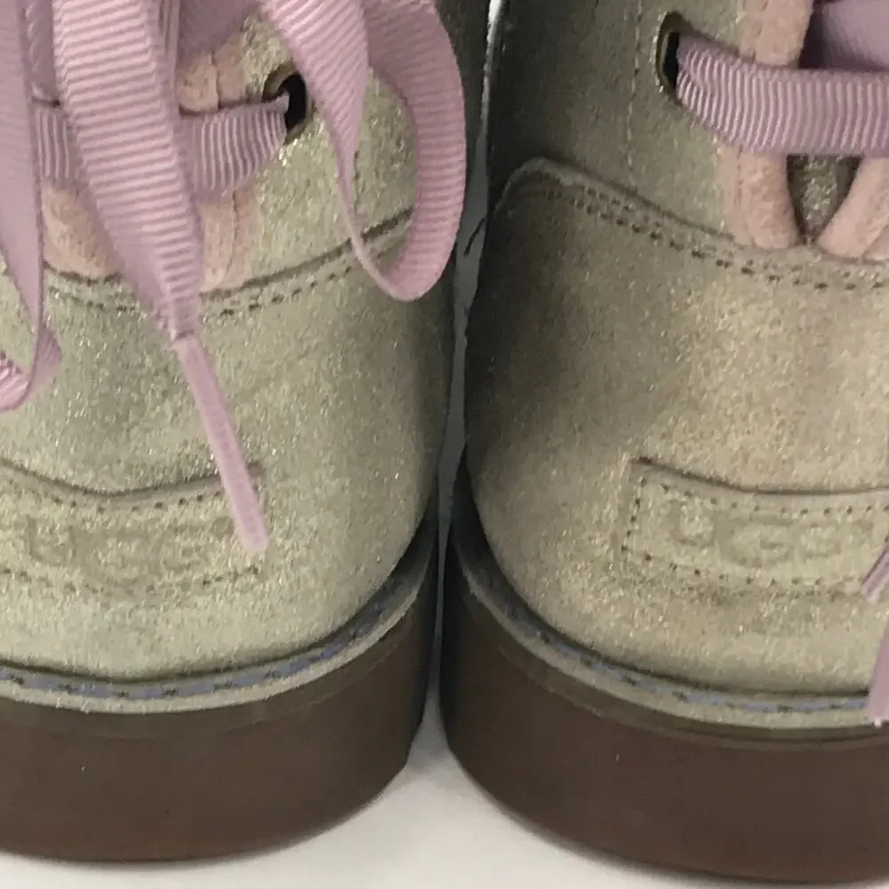 UGG Girls Corene Silver Metallic Suede Pink Lace Up Boots Size 6